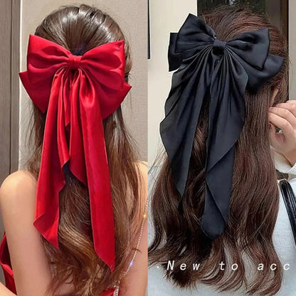 2PCS Elegant Bow Ribbon Hair Clips – Simple Solid Satin Spring Clip Hair Pins, Headband with Clips – Girls Hair Accessories