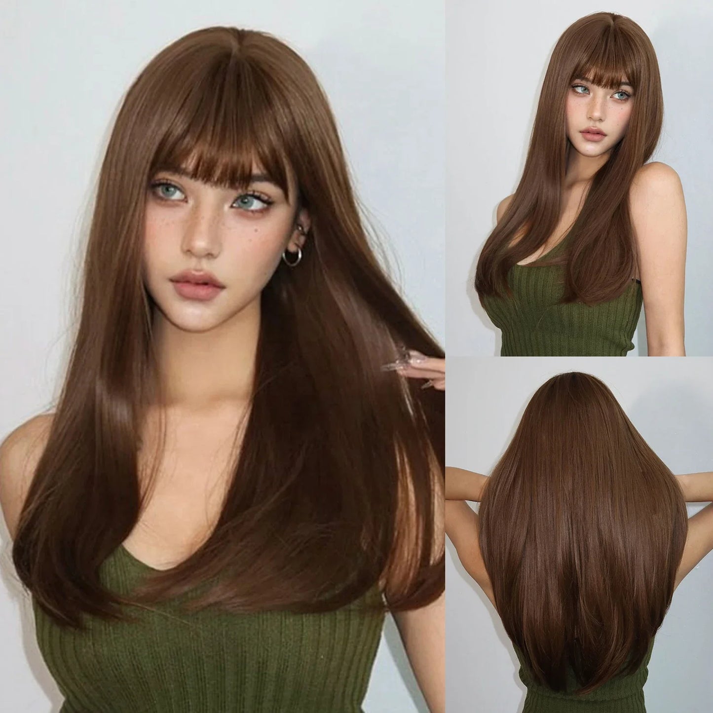 ALAN EATON Blonde Layered Synthetic Wig with Bangs – Long Straight Heat-Resistant Wig for Women & Girls, Natural Daily Hair