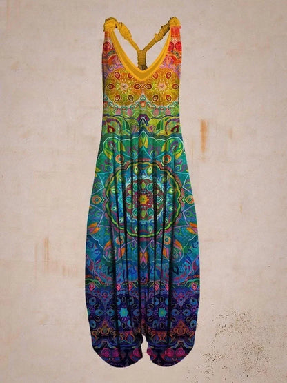 Bohemian Wide Leg Jumpsuit - Vintage Mandala Paisley Print Loose Fit Backless Women Harem Romper