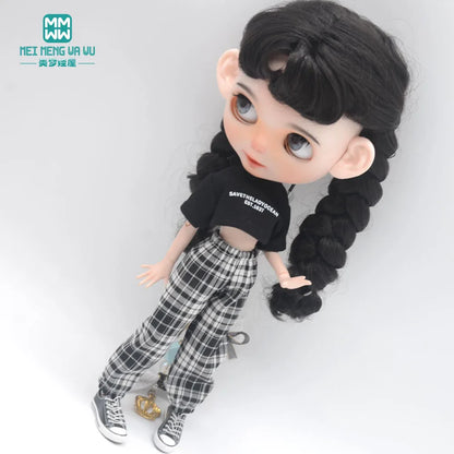 Blythe Doll Clothes – Fashion Tops, Black & White Shirts with Jeans & Plaid Pants for Azone OB22/OB24 Dolls