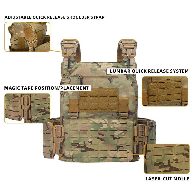 New Combat Vest 6094 – Quick Detachable Lightweight Laser Cut Tactical Vest, Black Gear for Protective Plate Carry