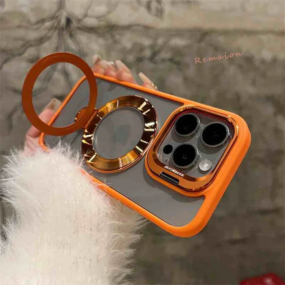 Luxury Magnetic Ring Stand Clear Case with Glass Lens Protection for iPhone 11–16 Pro Max & Plus – MagSafe Compatible Cover