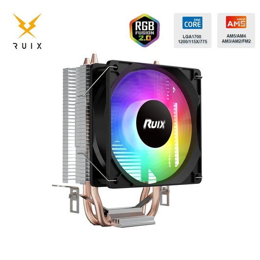 Ruix X2000 RGB CPU Air Cooler — 2 Heatpipe Radiator with 3-Pin Quiet Fan for Intel LGA 115X/1200/1700 & AMD AM4/AM5