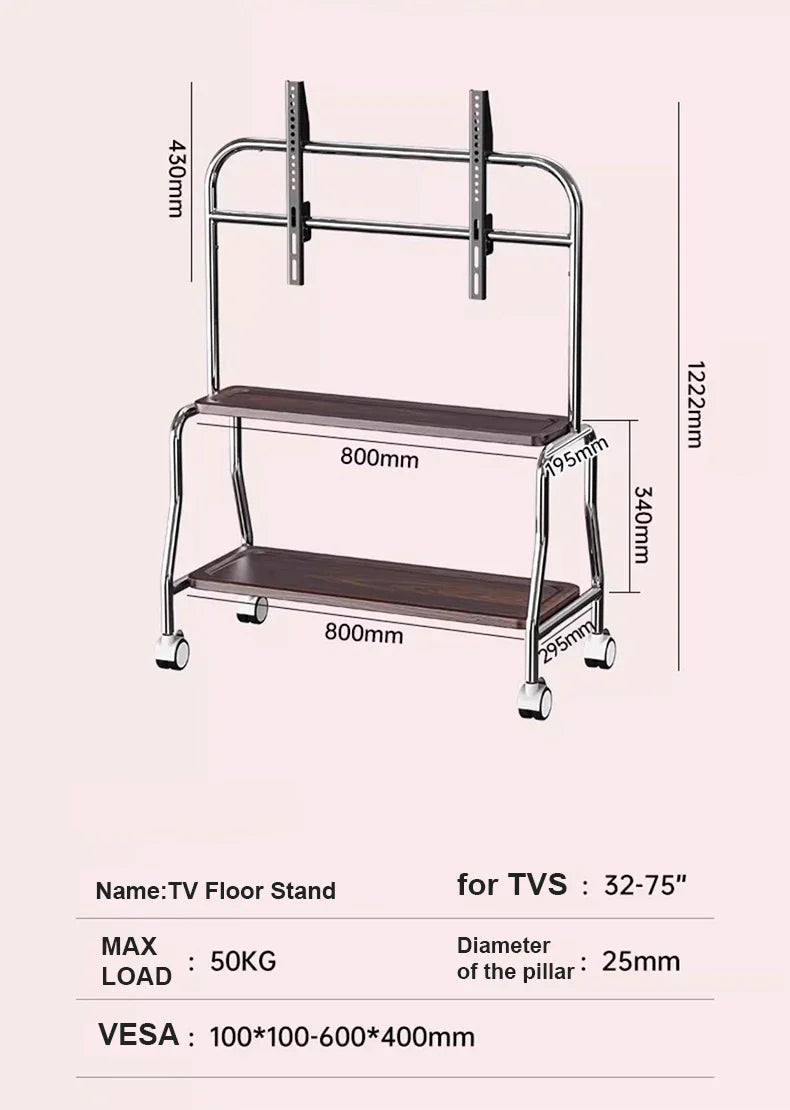 Rolling TV Stand on Wheels – Mobile Cart for 32–75in LCD & LED Flat/Curved TVs, Holds 110lbs, VESA 600x400mm