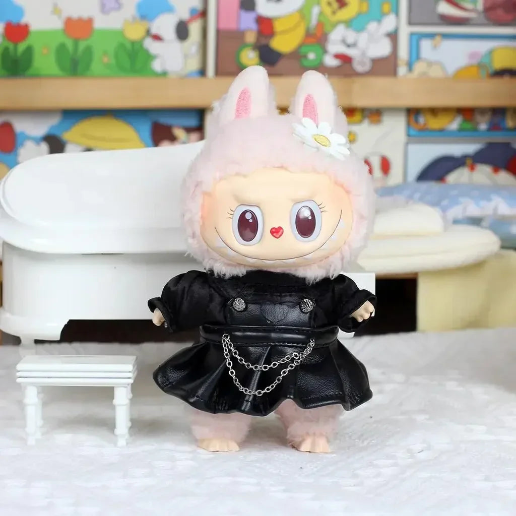 17cm Mini Plush Doll Outfit — K-Pop EXO Labubu Idol Accessories with Flower Shirt, Leather Jacket & Skirt for Gift