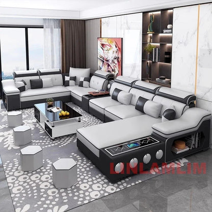 Linlamlim Modern Sectional Sofa Set - Fabric Chaise Lounge with Bluetooth Speakers & USB Charging Ports for Living Room