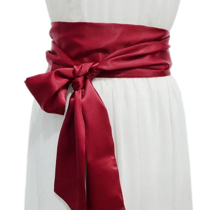 New Ladies' Belt – Burgundy & Black Silk Wide Waist Seal with Long Ice Silk Lace, Soft Fashion Accessories Belt