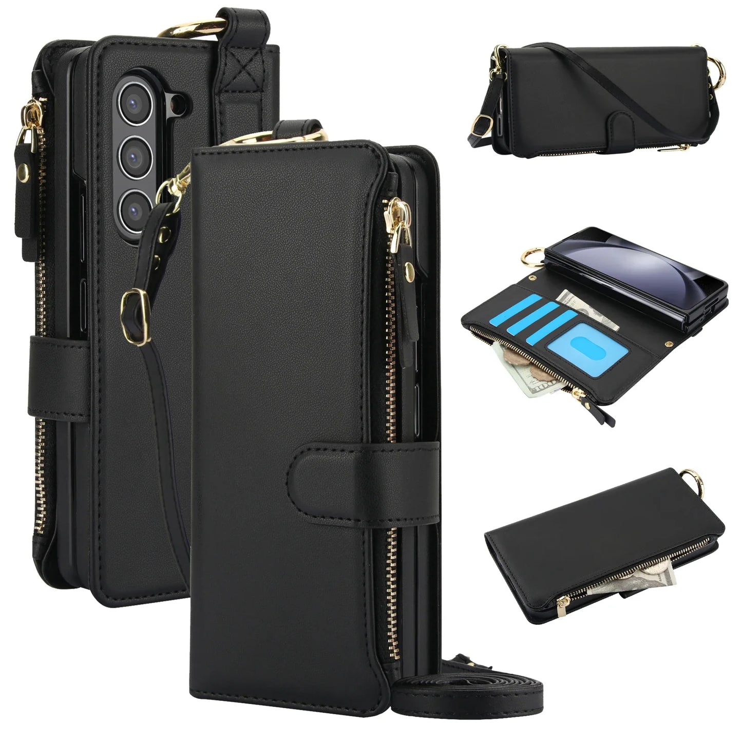 Crossbody Leather Wallet Case with Card Slots, Zipper & Kickstand for Samsung Galaxy Z Fold 3/4/5/6 – Wristband & Ring Holder