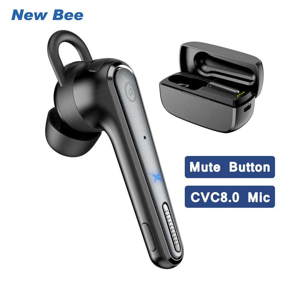 New Bee M52 Bluetooth 5.0 Headset – Wireless Single-Ear Business Earbuds with Dual Mic, Mute Function, 500mAh Charging Case for Driving Handsfree
