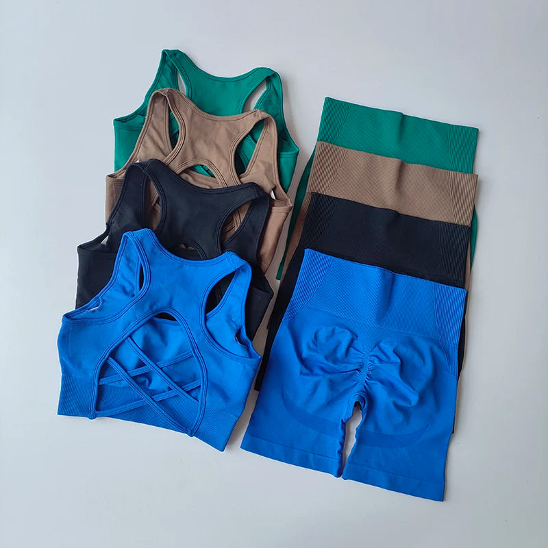 2-Piece Women’s Seamless Yoga Set – Sexy Sport Bra & High-Waist Shorts, Sleeveless Gym Fitness Workout Sportswear