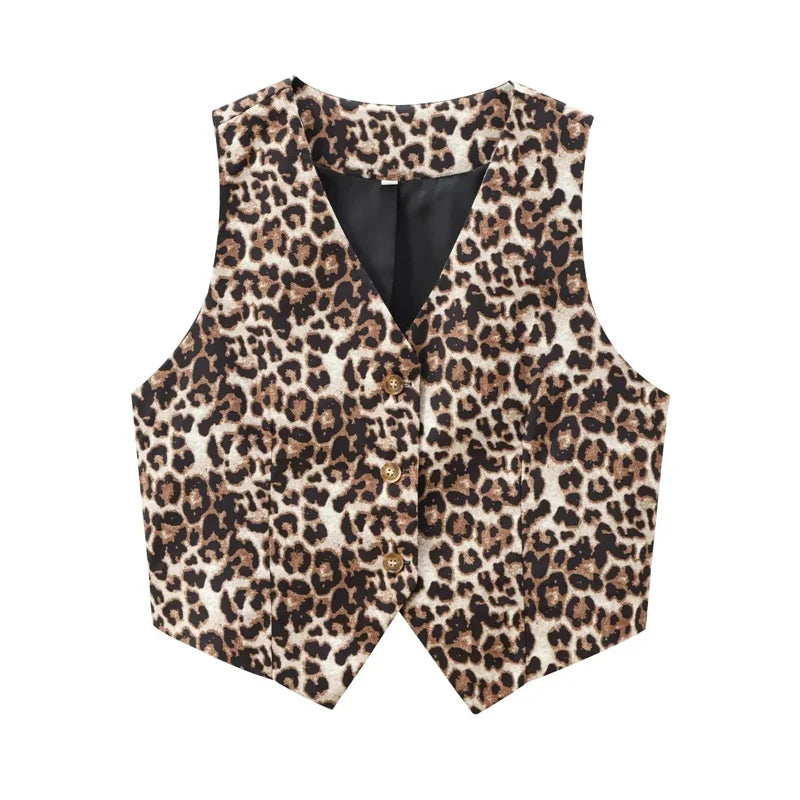 Women’s Leopard Print Cropped Vest – Sleeveless Waistcoat, Fashion Streetwear Short Jacket