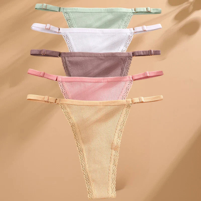 5PCS Cotton G-String Panties Set — Sexy Women’s T-Back Underwear, Adjustable Waist Thong Lingerie Briefs