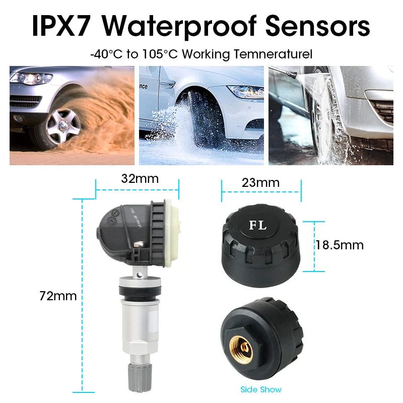 JMCQ USB Android TPMS Tire Pressure Monitoring System – 5 Internal/External Sensors with Display & Alarm for Car Navigation Radio