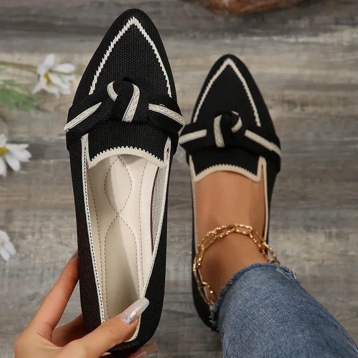 Women’s Knitted Flats 2024 – Breathable Slip-On Casual Loafers, Pointed Toe Comfortable Walking Sneakers, Solid Color Shoes
