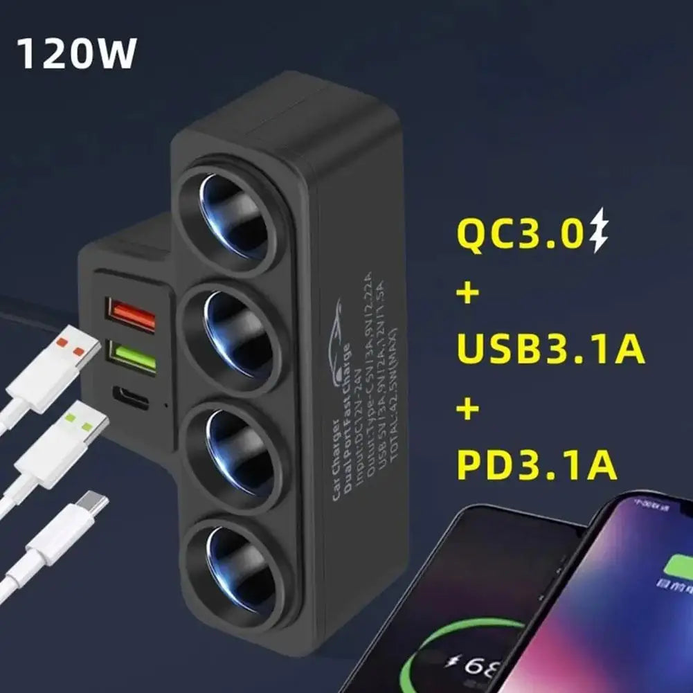 12V/24V Car Cigarette Lighter Adapter – 4 Socket USB Charger with QC3.0 & PD3.1A, 120W Car Accessories Port
