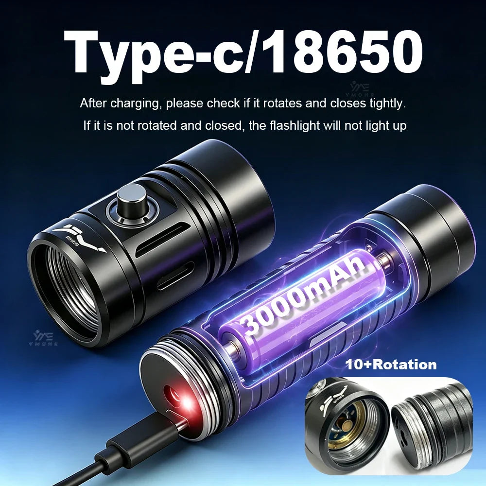 2026 Dive Flashlight - IPX8 Waterproof Rechargeable 18650 LED Scuba Diving Torch with 50M Range