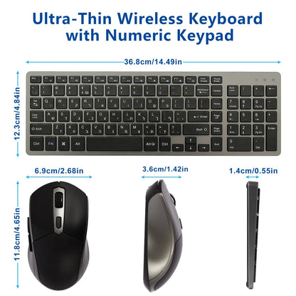 Wireless Keyboard and Mouse Combo – Rechargeable Slim Set with Russian, Hebrew, Korean, English Keycaps & Silent Mouse