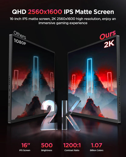 UPERFECT 16-Inch 2K Portable Monitor — 2560x1600, 16:10, 120Hz Gaming Display with 100% sRGB & 500Cd/m² for Xbox, PS5, Switch, Laptop & Mac