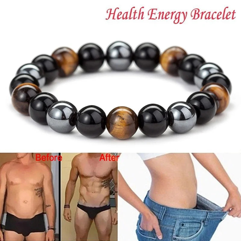 Natural Black Obsidian Hematite Tiger Eye Beaded Bracelet — Magnetic Health Protection Jewelry for Men & Women