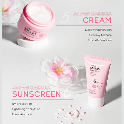 6PCS Sakura Skincare Set – Face Cream, Serum, Toner, Cleanser, Sunscreen & Eye Cream in Gift Box
