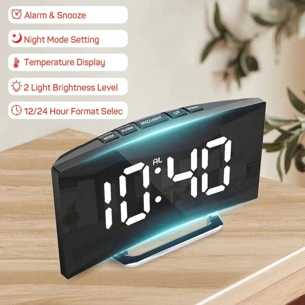 Noiseless LED Mirror Alarm Clock — Large Digital Display Silent Electronic Clock