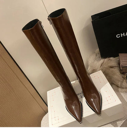 Pointed Toe Women's High Boots – Fashionable Side Zipper Long Booties, Elegant Party High Heel Shoes for Winter