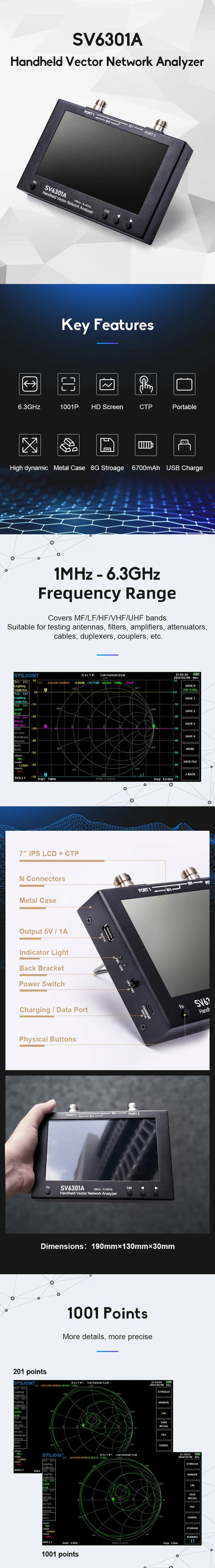 SV6301A 7" Vector Network Analyzer — 6.3GHz HF VHF UHF Antenna SWR VNA, NanoVNA Upgrade
