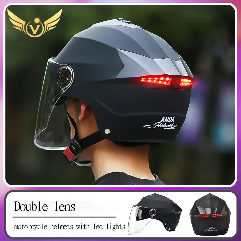 Motorcycle Helmet with LED Lights – Double Visor Moped Helmet for Men & Women, Electric Scooter & Bicycle Light, Rechargeable