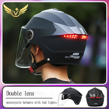 Motorcycle Helmet with LED Lights – Double Visor Moped Helmet for Men & Women, Electric Scooter & Bicycle Light, Rechargeable