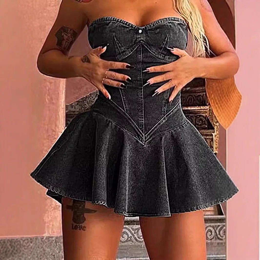 Sexy Chest Wrap Mini Dress – Women’s Sleeveless, Backless, Strapless Slim Fit A-Line Denim Dress 2024