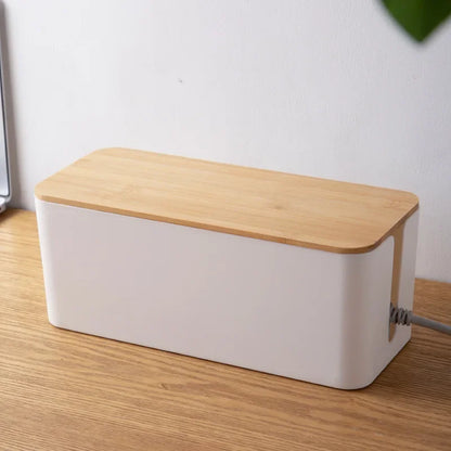 Creative Bamboo Wire Management Box — Cable, Plug, and Power Cord Organizer with Wooden Cover