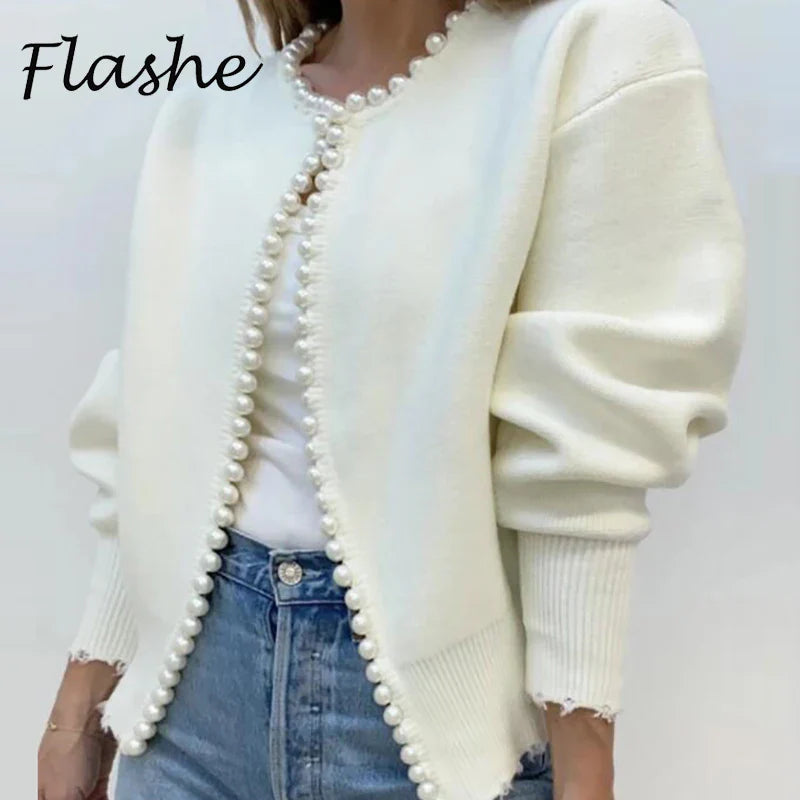Women’s Casual Pearl-Embellished Cardigan – Elegant Long Sleeve Knit Sweater Coat