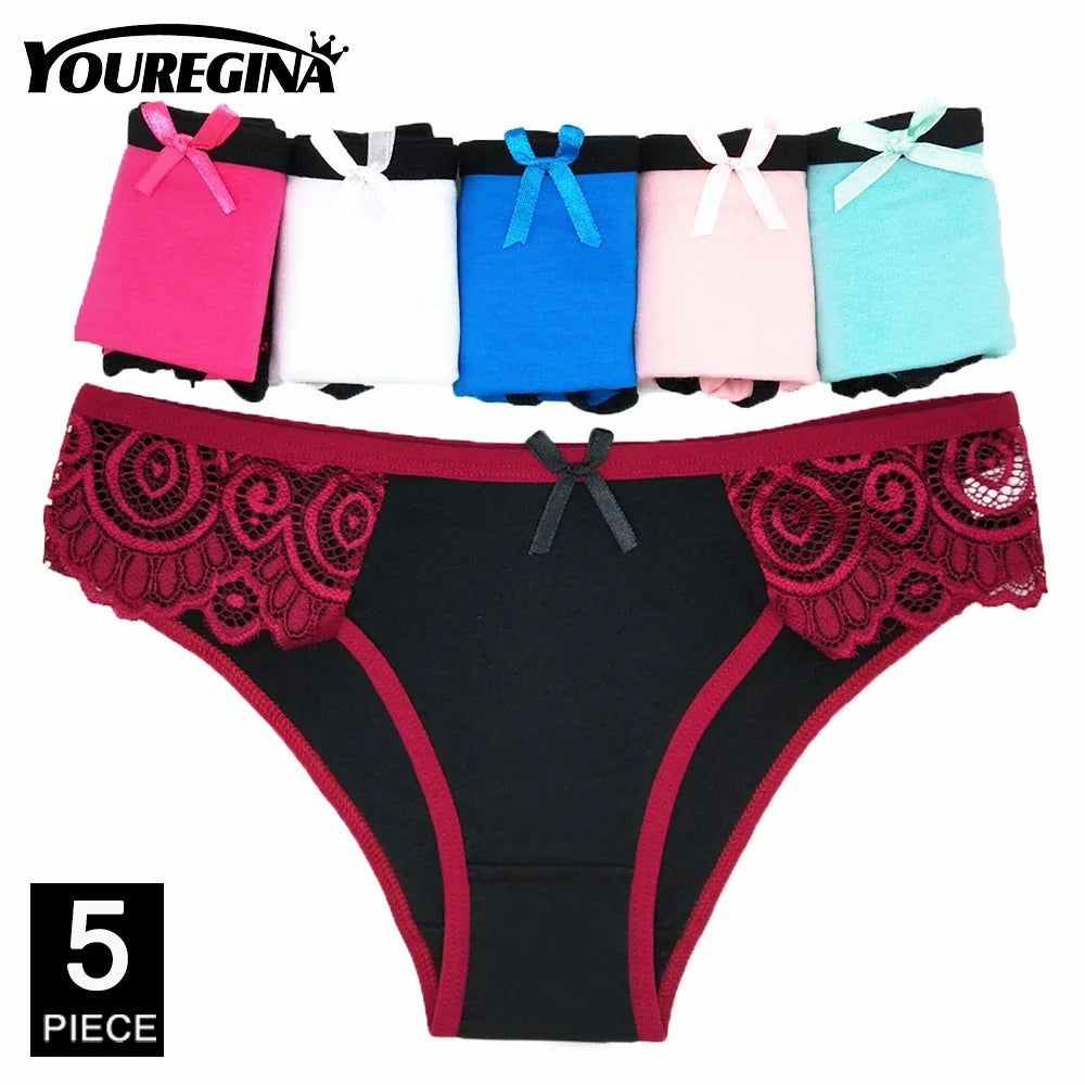 Women’s Cotton Lace Panties Set - 5Pcs Sexy Bikini Briefs with Striped Print Underwear for Ladies & Girls