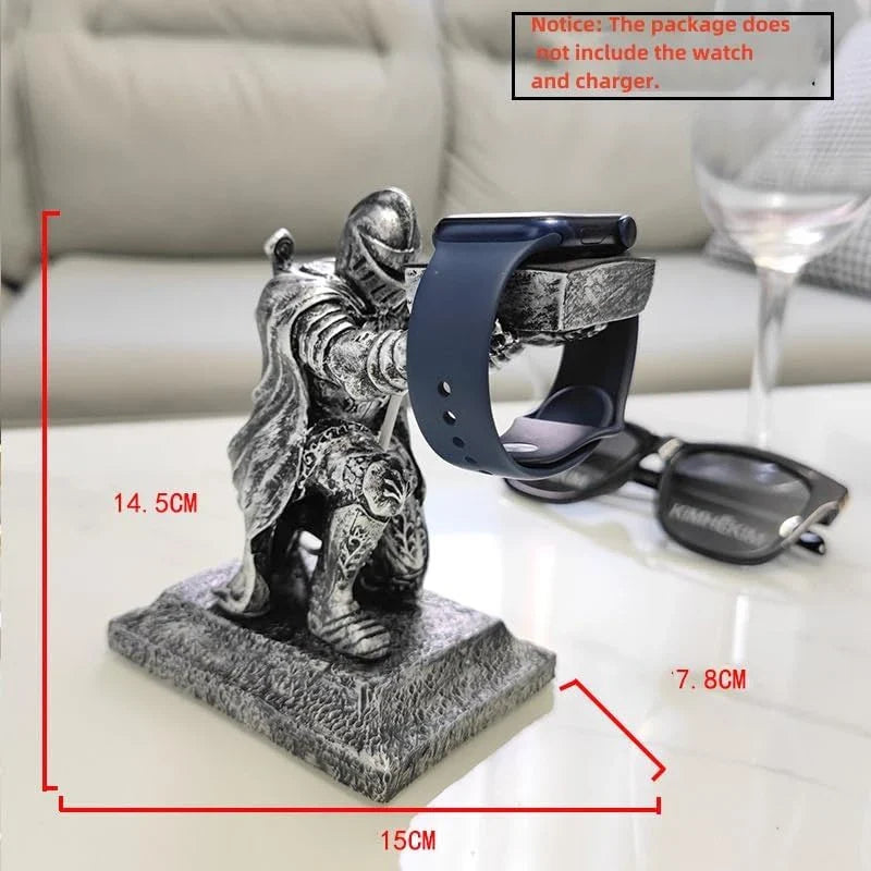 Apple Watch Charging Dock Stand – Cartoon Desktop Smartwatch Holder with Black Warrior Figurine Support