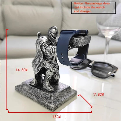 Apple Watch Charging Dock Stand – Cartoon Desktop Smartwatch Holder with Black Warrior Figurine Support