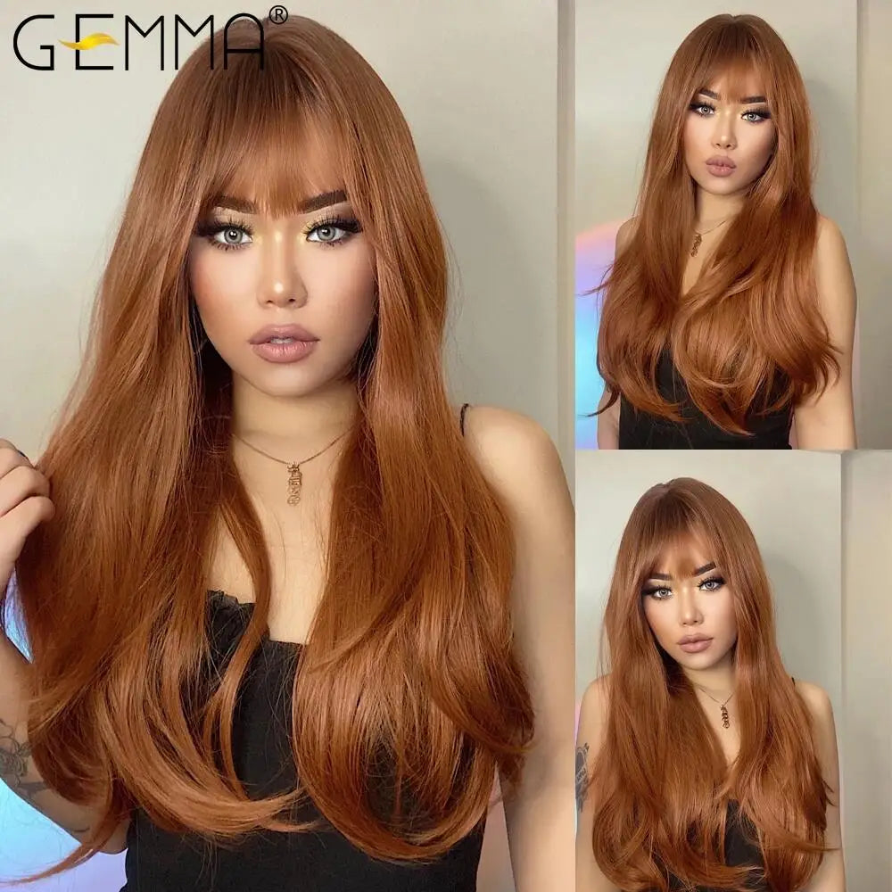 GEMMA Ombre Brown Blonde Synthetic Wig with Bangs – Long Straight Cosplay Wig for Women, High-Temperature Fiber