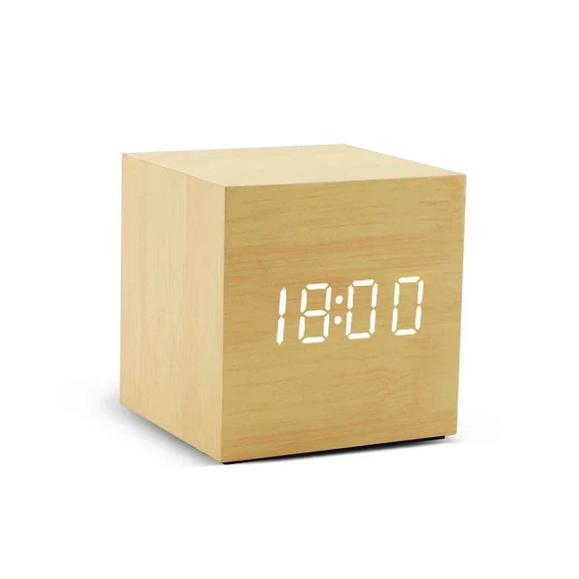 Wooden Digital Alarm Clock – LED Desktop Clock with Temperature Display, Sound Control, USB/AAA Powered Bedside Clock