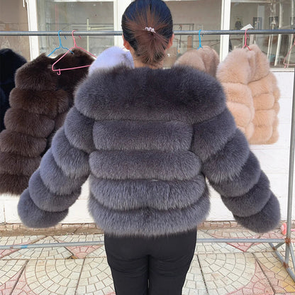 QUEENTINA Women’s Real Fox Fur Coat – Brown Leather & Skin Winter Fashion Outerwear 2025
