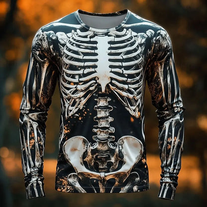 Men's Skeleton Print Long Sleeve T-Shirt - Gothic Halloween Streetwear Casual Top