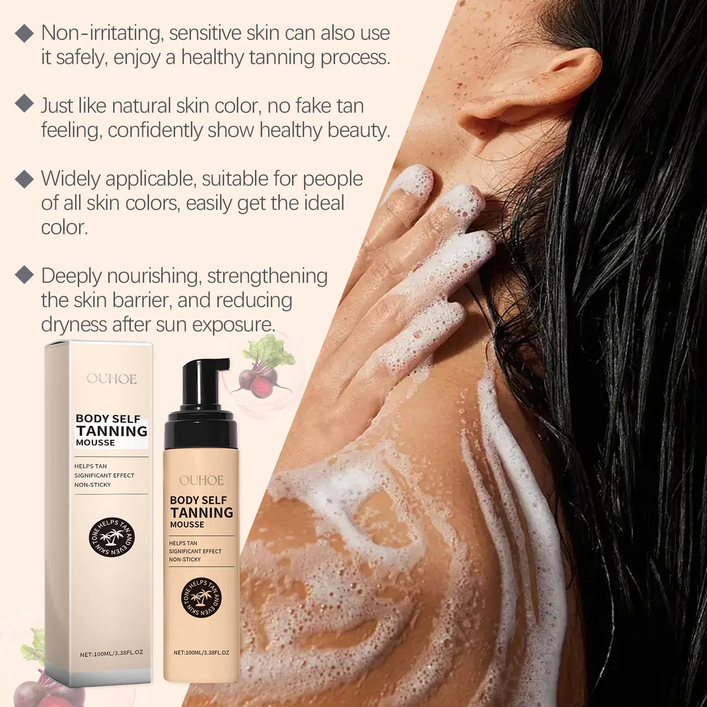 Body Self Tanning Mousse — Quick Natural Bronze Tan Foam for Face & Body, Sunless Fake Tan Bronzer