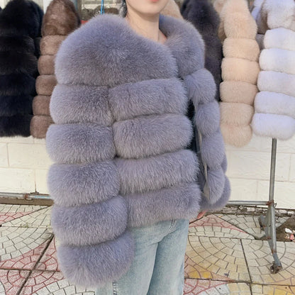 QUEENTINA Women’s Real Fox Fur Coat – Brown Leather & Skin Winter Fashion Outerwear 2025