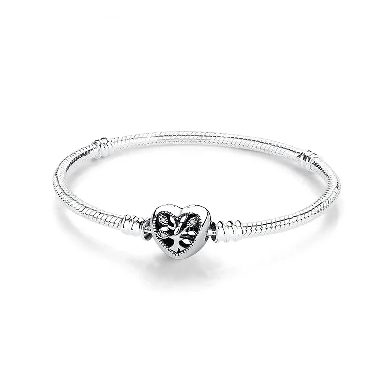 925 Sterling Silver Love Heart Charm Bracelet – Rose Gold Snake Chain Bangle for Women | DIY Luxury Bead Jewelry Accessories