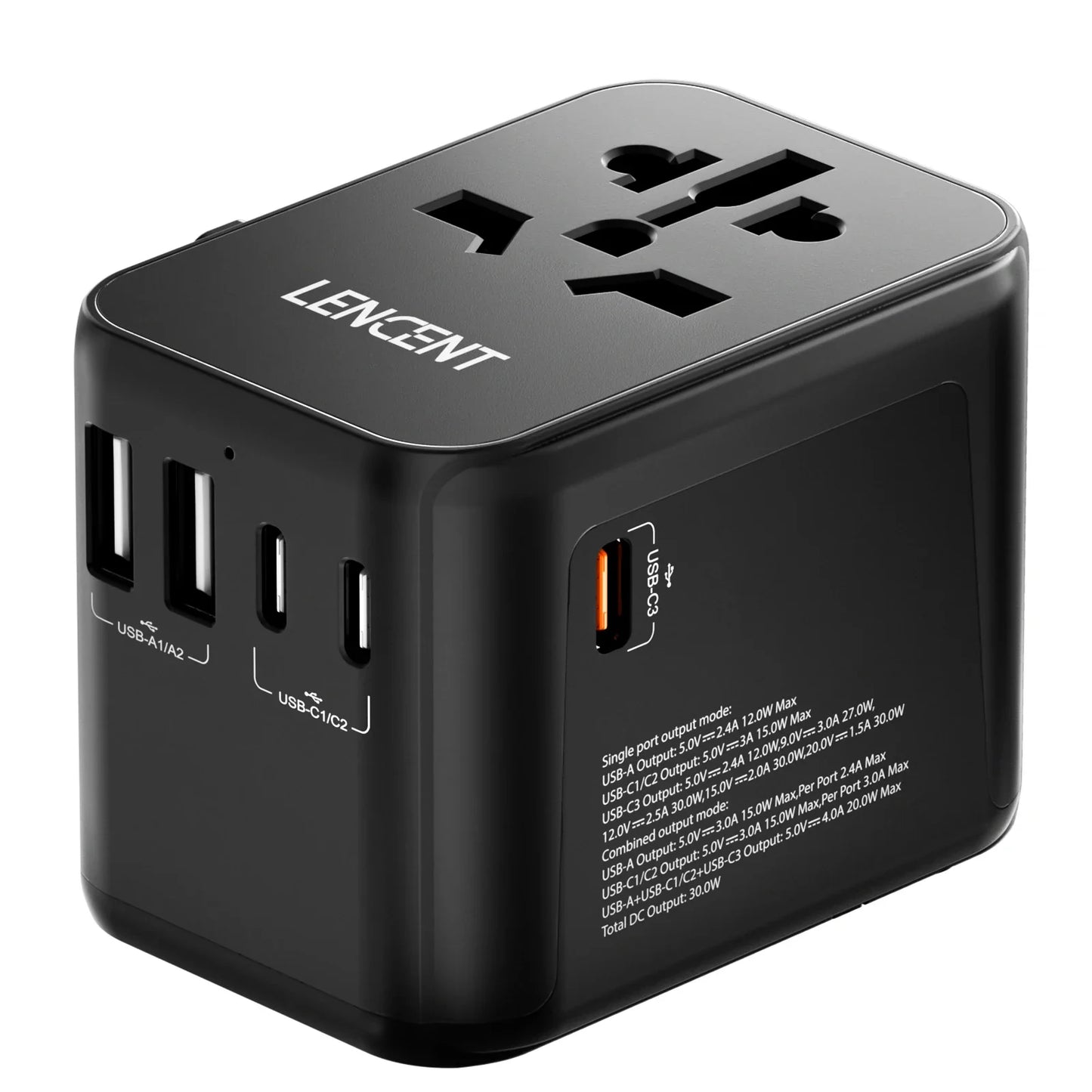 LENCENT International Travel Adapter - All-in-One Wall Charger with 3 USB Ports and 1 Type-C, for US, EU, UK, AUS Travel