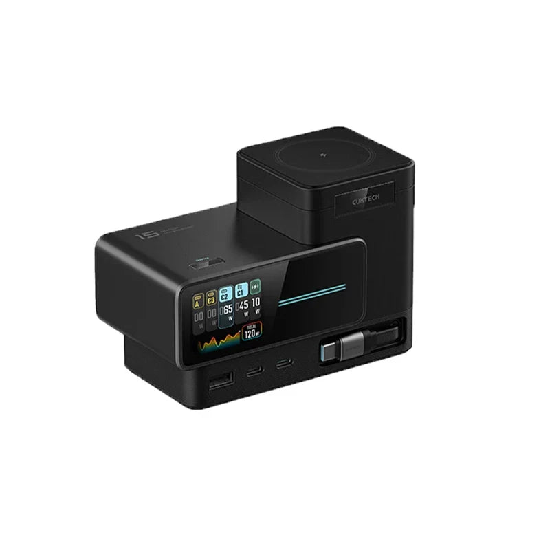 CUKTECH 15 Charging Station - 140W GaN USB-C Fast Charger with Retractable Cable TFT Display Wireless Charging for Xiaomi iPhone MacBook Laptop