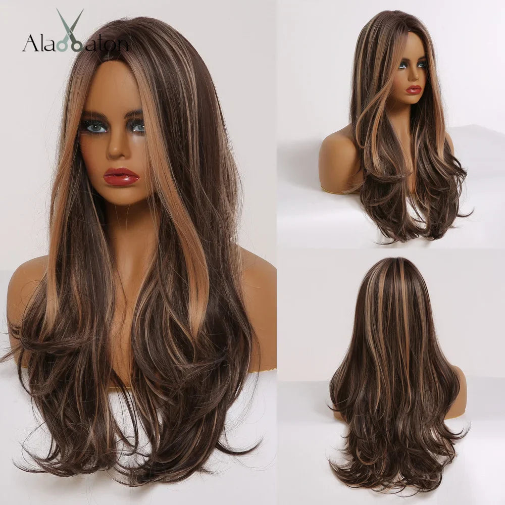 ALAN EATON Black Long Wavy Synthetic Wig – Natural Afro Hair, Middle Part, Heat-Resistant Fiber for Daily Use