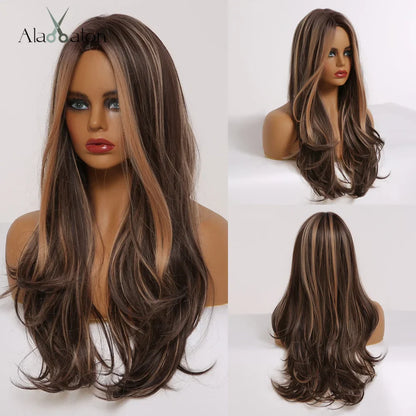 ALAN EATON Black Long Wavy Synthetic Wig – Natural Afro Hair, Middle Part, Heat-Resistant Fiber for Daily Use