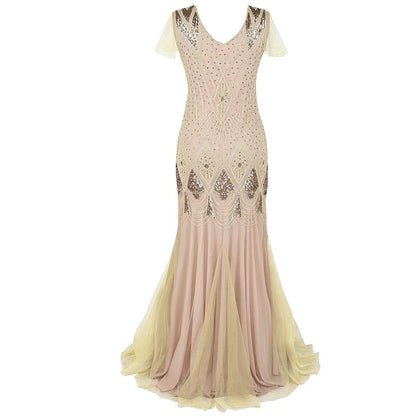 Women’s 1920s Great Gatsby Flapper Dress – Vintage V-Neck Sequin & Bead Long Mesh Maxi Party Prom Gown