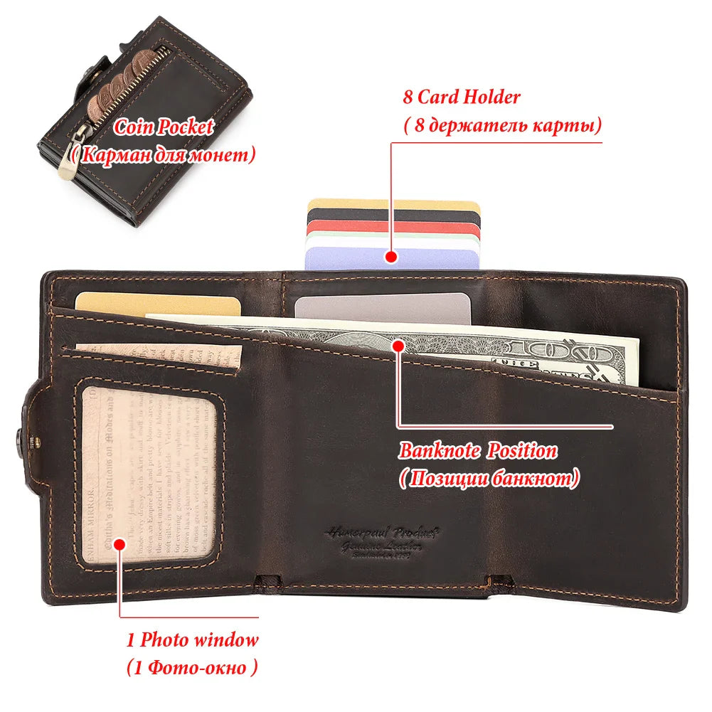 HUMERPAUL Men’s Pop-Up Card Holder – Crazy Horse Leather RFID Blocking Slim Wallet with Money Pocket & Metal Bank Card Case