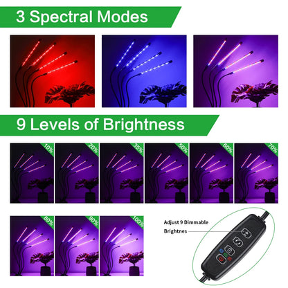 USB LED Plant Grow Light — Indoor Garden Full Spectrum Lamp with 10 Dimmable Levels, Timer Settings 3H/9H/12H for Hydroponic & Greenhouse Plants