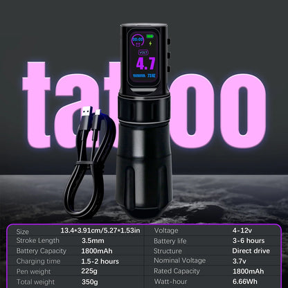 Wireless Tattoo Pen Machine – Dual Mode Direct Drive with IPS Screen, 1800mAh Battery & Timing Function for Professional Tattoo Artists